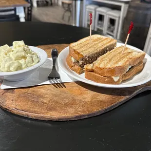 Meatloaf sandwich and potato salad.