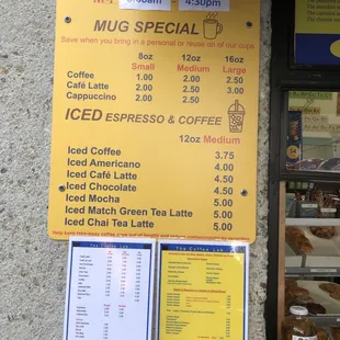 the menu and prices of coffee