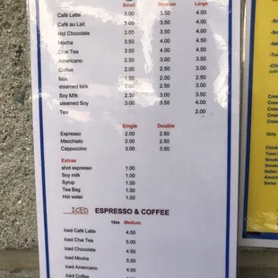 a menu for the coffee shop