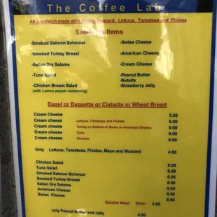 the menu for the coffee lab