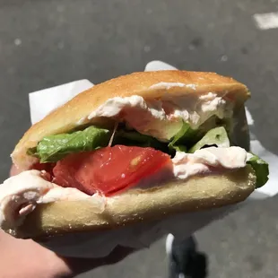 Smoked salmon cream cheese on ciabatta with tomatoes and lettuce (no pickles!)