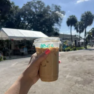 Banana bread iced coffee with cream and sugar