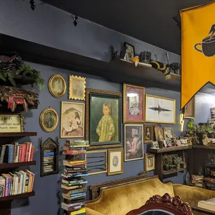 Lots of books and board games among the Harry Potter decor.