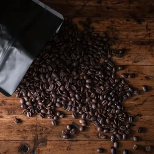 coffee beans spilling out of a bag