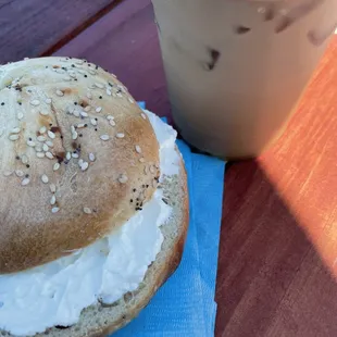 Everything bagel and a classic latte