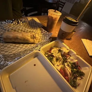 Bacon breakfast burrito, avocado toast, latte x2