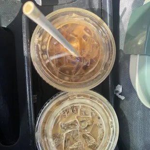 Caramel iced latte, and Amaretto Almond milk iced latte