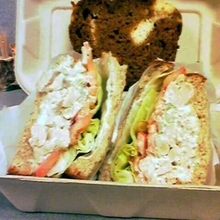 Chicken salad sandwich on whole wheat bread and pumpkin bread