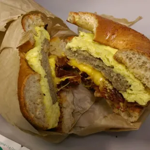 The Egg Smith, with sausage and bacon. Along with cheddar cheese on a whole wheat bagel. None greasy, and so damn good!