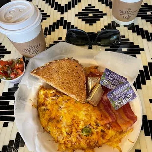 Build your own omelette with peppers &amp; onions with ham and a side of bacon and wheat toast! YUMM