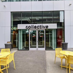 Outside. Storefront. Front doors to The Collective Food Hall at Coda.