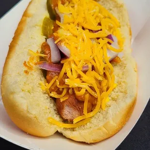 a hot dog with cheese and onions