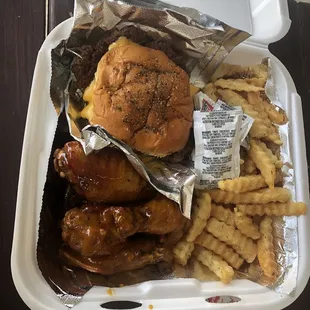 6 wing and burger combo for $18! I got half Carolina and half honey garlic sting and it was all delicious