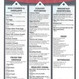 the menu for the colony cafe