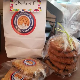 Cookies! Coconut bars, several oatmeal raisin, and a giant chocolate chip walnut cookie.