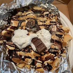 S'mores bubble waffle, fabulous even via delivery.