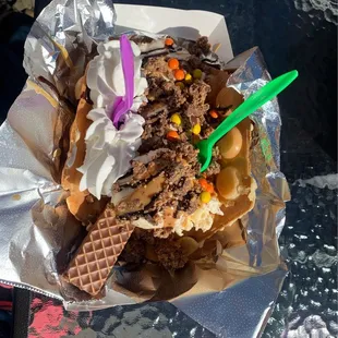 This is the bubble waffle with peanut butter and chocolate. It was amazing. The warm waffle with ice cream was a perfect blend.
