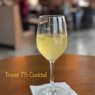 a glass of white wine on a table