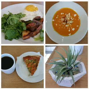 The steak and eggs, butternut squash with sweet potatoes soup and quiche :) only served here. Delicious.