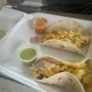 Ham, egg, potato &amp; cheese tacos. Third taco was bacon, already eaten before I could snap a pic lol