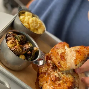 Half Chicken Platter with Fried Brussels Sprouts and Mac &amp; Cheese
