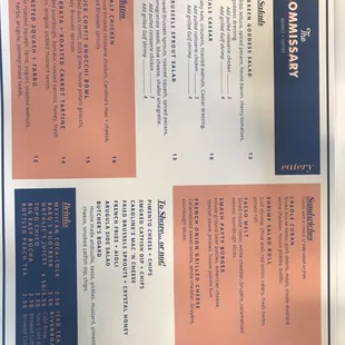 Menu for the eatery.
