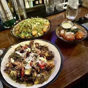 Crispy Honey Brussels Sprouts, Totchos (top), Fried Pimento Cheese Balls (right)
