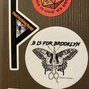 stickers on a refrigerator door