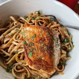 Salmon with spicy pasta. I enjoyed the pasta more than the salmon