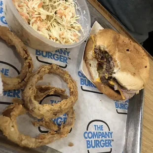 Cheeseburger onion rings coleslaw