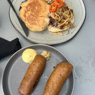 vegan corn dogs and brisket sando