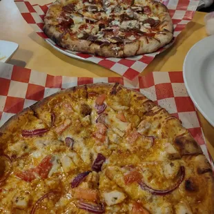 Buffalo chicken and pepperoni pizza