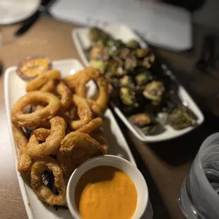  plate of onion rings and dipping sauce