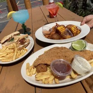 Lunch on the Patio. Catfish Dinner , Traditional Club ,Sandwich  , corn Peel and Eat Shrimp