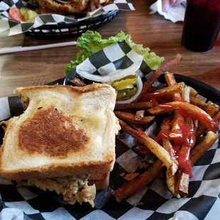 Chicken fried steak sandwich and fries