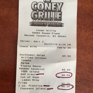 Extra kraut .59 and extra dressing .30 on a 8.49 sandwich