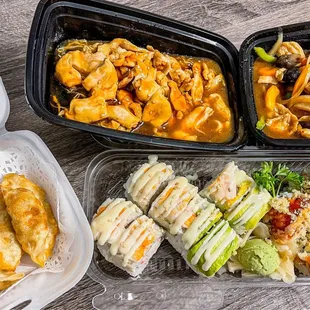 three containers of food