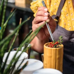 a woman holding a fork and a potted plant