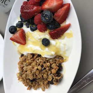 Yogurt and fresh baked granola and berries.