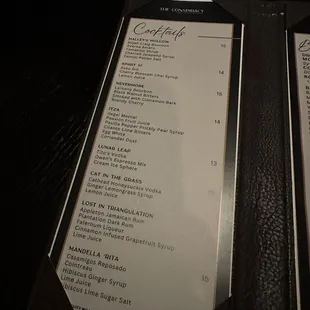 Cocktail menu