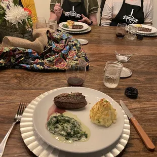 STEAK DINNER CLASS - NY strip w/ bordelaise sauce, duchess potatoes &amp; creamed spinach (my favorite!!)