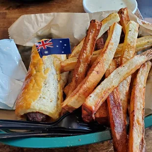 Sausage roll and fries.