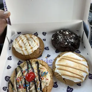 From top left to right, Salted caramel cheesecake and cookies and cream, bottom left to right ice cream sundae cookie and fluffer butter