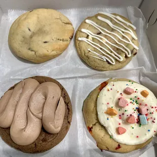 Choc chip, Nutella, white chocolate cranberry orange (I think), and marshmallow something delicious!