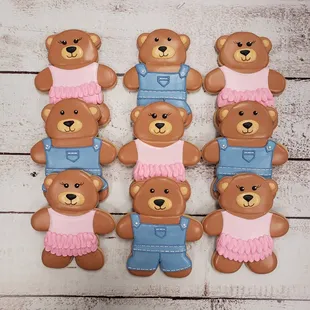 six teddy bears in overalls