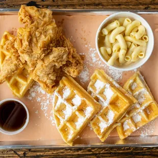 Chicken and Waffles with side of mac-n-cheese