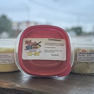 Tomato bisque from Red Beans To Go, Chicken &amp; Noodles from Jim&apos;s Country Style Chicken, Gluten Free Chicken Noodle Soup from Perfect Plate