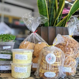 Barbecue fixings. Gluten free bun substitute chaffles, buns, potato salad, mac salad, microgreens