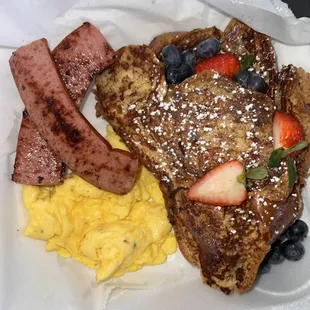 French Toast , turkey sausage, scrambled egg with cheese