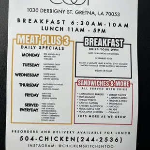 Daily Specials Build Your Own Sandwiches and Sides